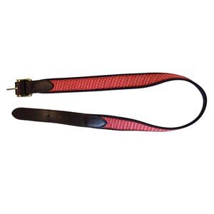 Vineyard Vines Belt Mens 32 Red Whale Pattern Canvas Leather Trim Brass Buckle